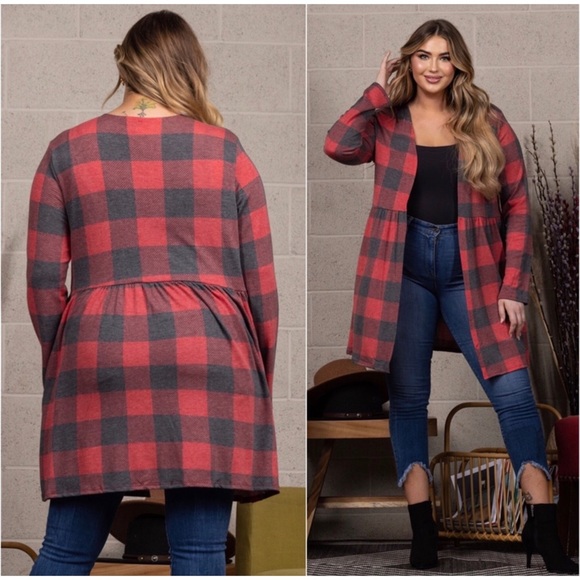 1 LEFT! Plaid Buffalo Print Long Sleeve Babydoll Style Open Front Cardigan - Picture 3 of 3